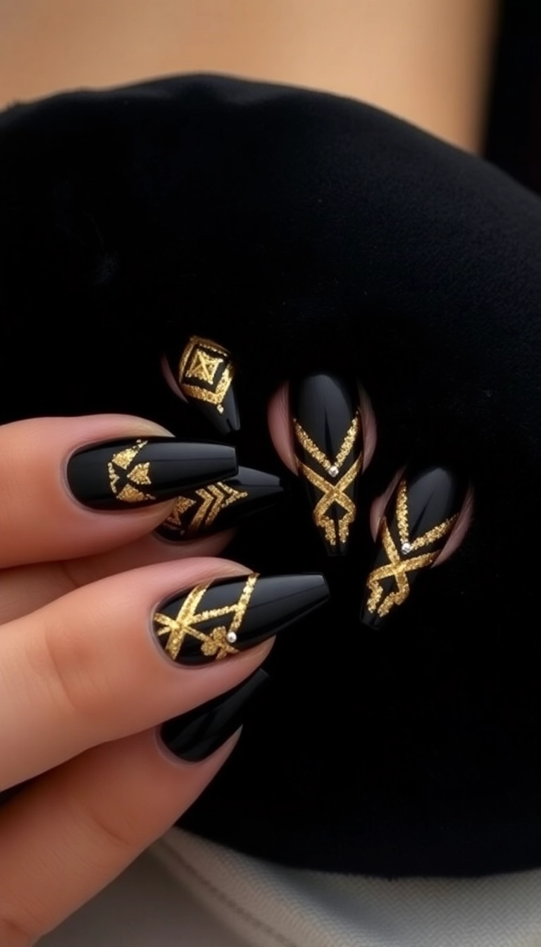 21 Gorgeous Coffin Nail Designs Perfect for Your Winter Wonderland! - 13. Elegant Black and Gold