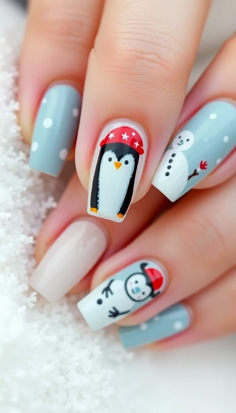 21 Gorgeous Coffin Nail Designs Perfect for Your Winter Wonderland! - 14. Whimsical Winter Animals