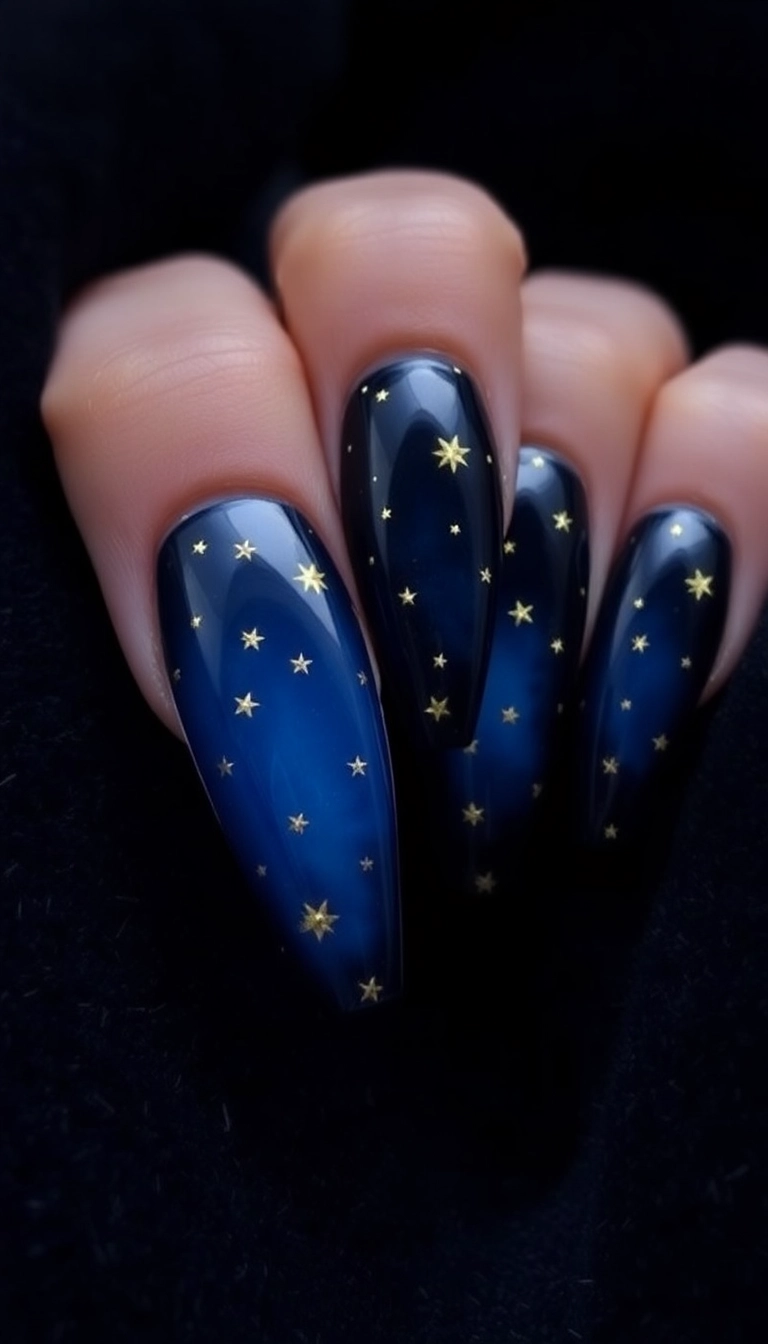 21 Gorgeous Coffin Nail Designs Perfect for Your Winter Wonderland! - 16. Starry Night
