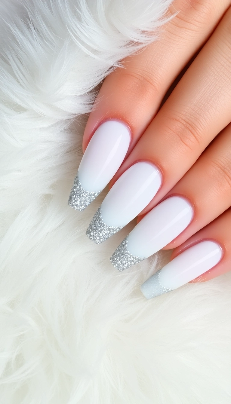 21 Gorgeous Coffin Nail Designs Perfect for Your Winter Wonderland! - 3. Snowy White with Glitter Tips