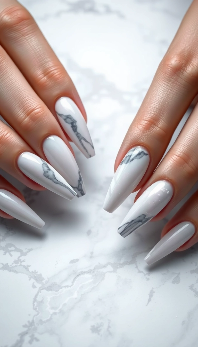 21 Gorgeous Coffin Nail Designs Perfect for Your Winter Wonderland! - 9. Winter Wonderland Marble