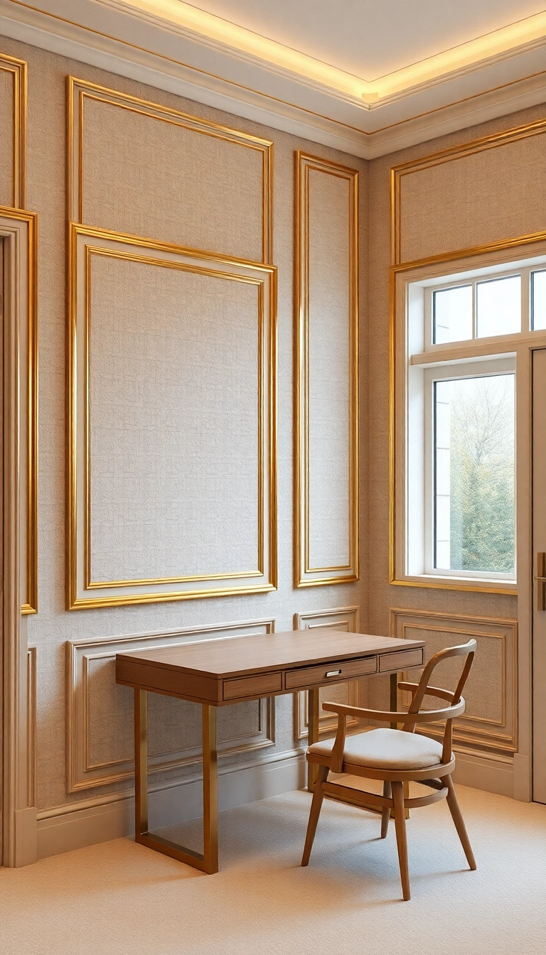 25 Minimalistic Home Decor Trends Featuring Beige and Gold You Can’t Ignore (Check Out #12!) - 1. Beige Textured Walls with Gold Trim