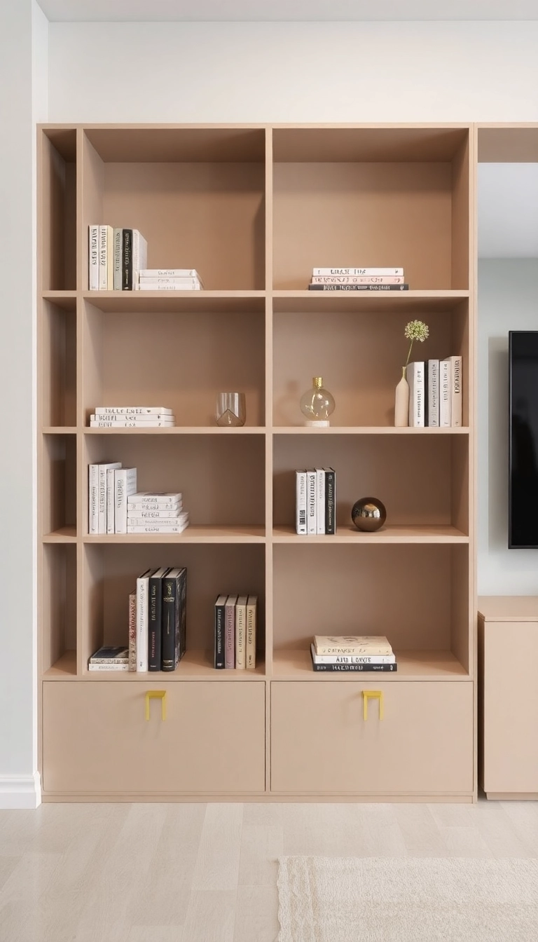 25 Minimalistic Home Decor Trends Featuring Beige and Gold You Can’t Ignore (Check Out #12!) - 18. Minimalistic Beige Bookcases with Gold Accents