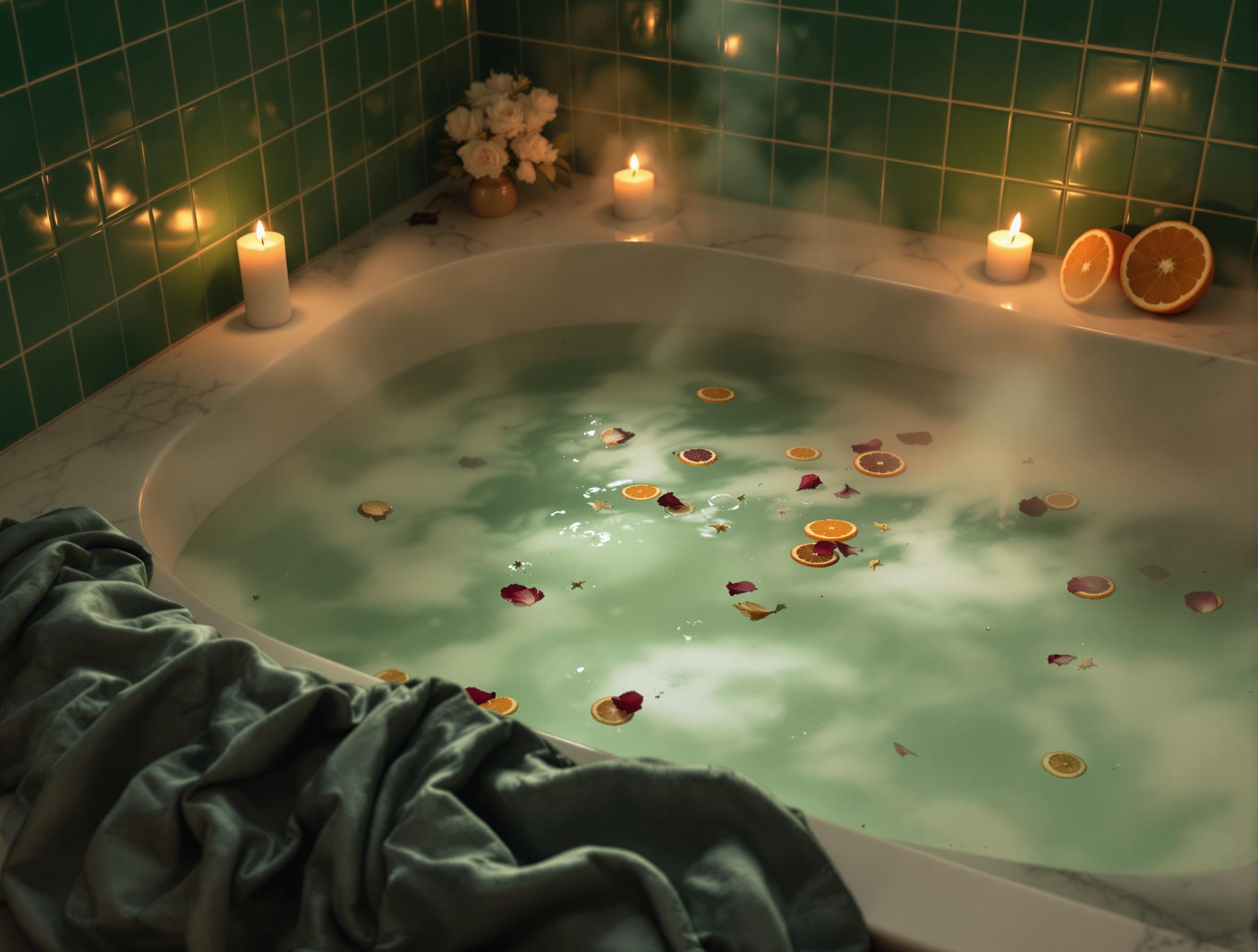 Bath steam rising through green light